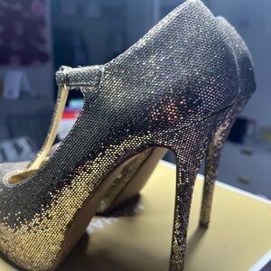 Steve Madden Glitter T-Strap Heels - Silver and Gold